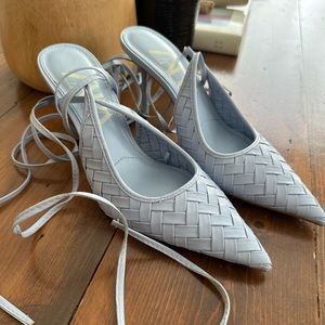 Zara Light Blue Woven Pointy Toe wrap heels